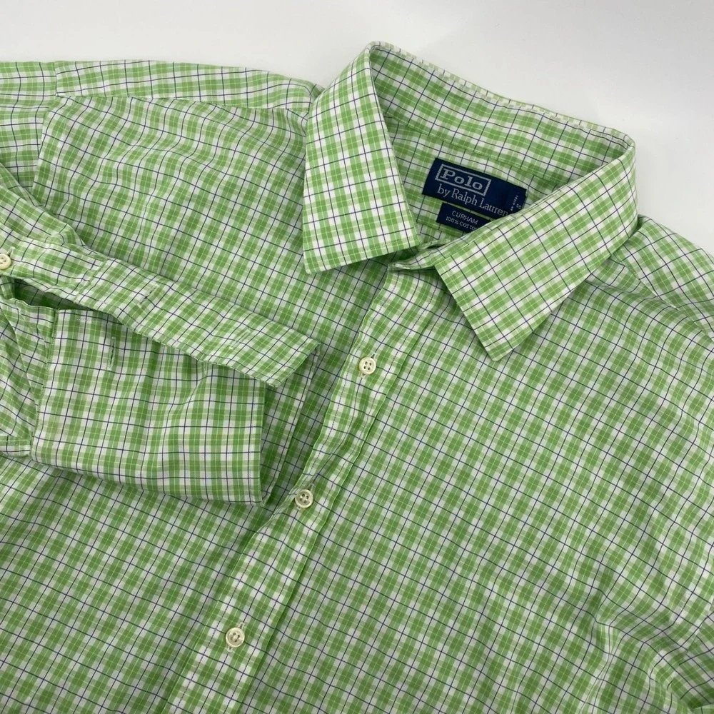 Polo‎ Ralph Lauren Button Down Mens 18-35 Green Plaid Curham Cotton Dress Shirt
